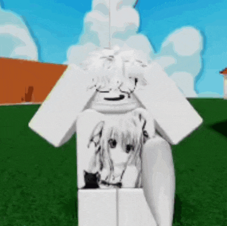 a white robot with a picture of a girl on it is standing in a field with his eyes closed .
