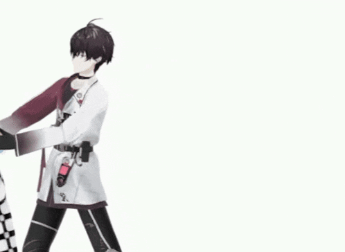 a couple of anime characters are standing next to each other on a white background .