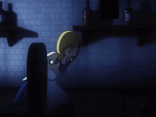 a girl in a blue dress is standing in the dark