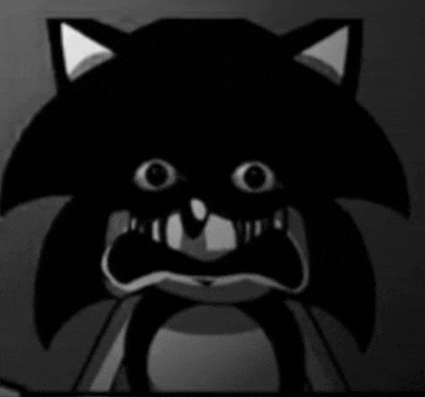 a black and white drawing of sonic the hedgehog with a very scary face .