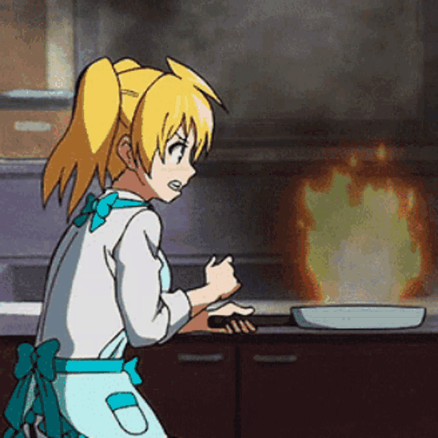 a cartoon girl is cooking in a kitchen with a frying pan on the counter