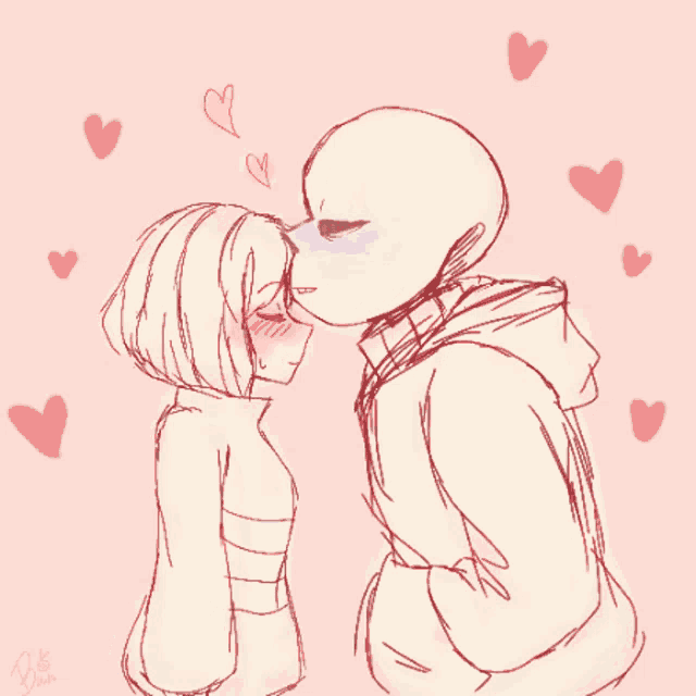 a drawing of a man and a woman looking at each other with hearts around them