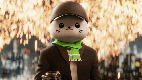 a cartoon cat wearing a hat and scarf holds a cup of coffee