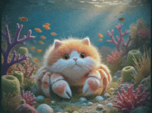a cat that looks like a crab is sitting on a coral reef
