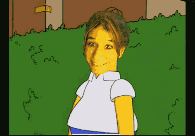 a cartoon drawing of a woman in a white shirt