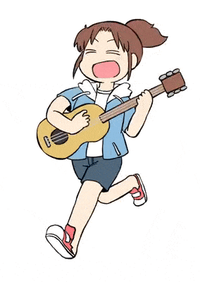 a cartoon of a girl running with a guitar in her hand .