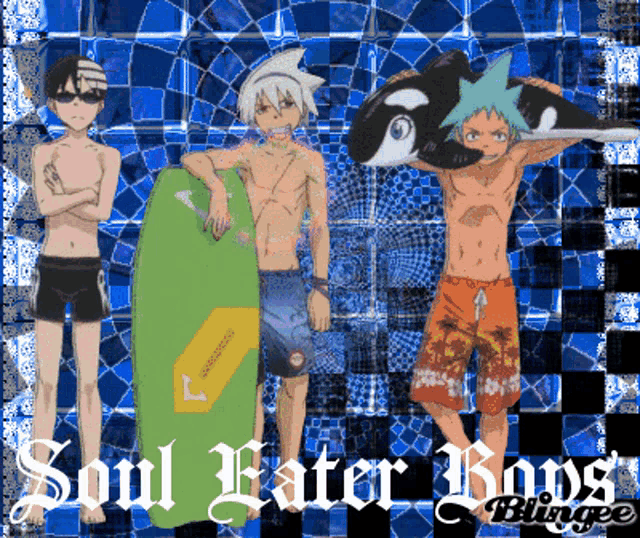 a group of anime characters standing next to each other with the words soul eater boys written on the bottom