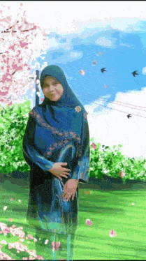 a painting of a woman in a hijab standing in a park