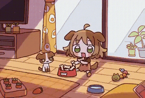 a cartoon drawing of a girl with a dog eating bones from a bowl