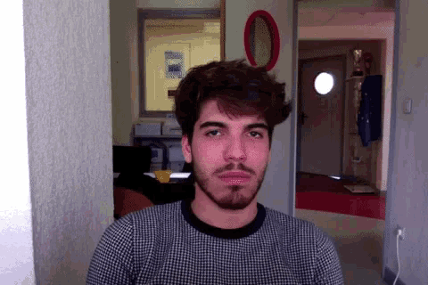 a man with a beard wearing a black and white checkered shirt looks at the camera