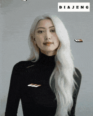 a woman with long white hair is wearing a black turtleneck and the word diajeng is on the bottom
