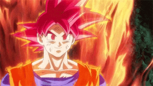 a cartoon character with red hair and red eyes is standing in front of a fire background .