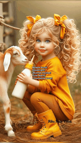 a little girl is kneeling down next to a goat and holding a bottle of milk