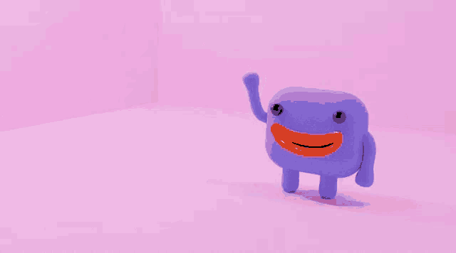 a purple cartoon character with a big orange mouth is standing on a pink surface