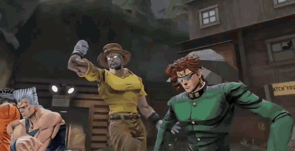 a group of cartoon characters are dancing in front of a building with a yellow sign that says security