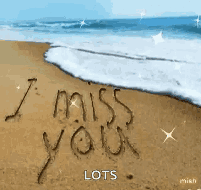 i miss you is written in the sand on a beach .