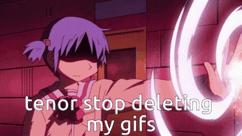 a picture of a girl with purple hair and the words " tenor stop deleting my gifs "
