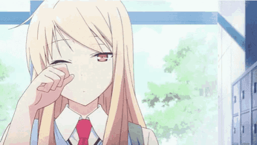 a blonde anime girl with a red tie wipes her eyes
