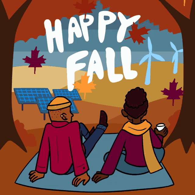 a cartoon illustration of a man and woman sitting on a blanket with the words happy fall written above them