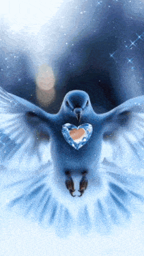a blue bird with a diamond heart in its beak