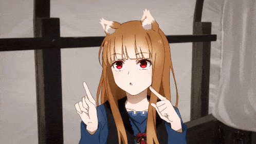 a girl with red eyes and cat ears points up