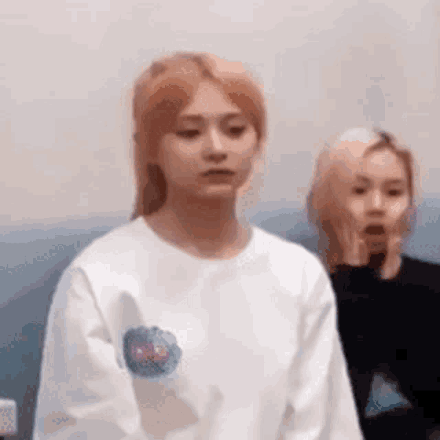 two girls are standing next to each other and one of them is wearing a white sweater .
