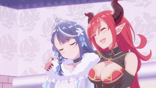 a couple of anime girls standing next to each other one with horns