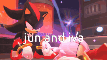 a cartoon of shadow the hedgehog and amy rose with the words jun and iva below them