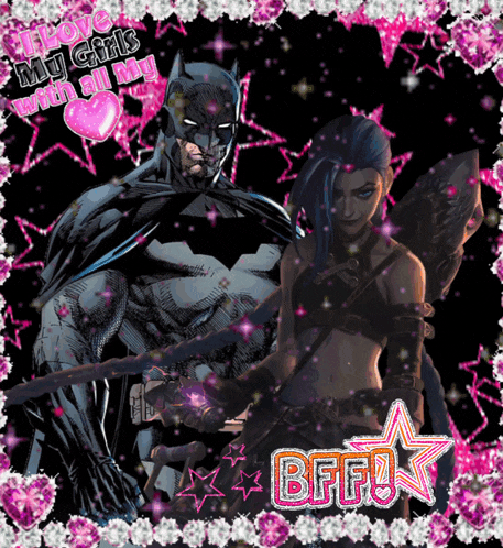 a picture of batman and a woman with bff written in pink