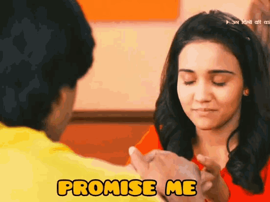 a man and a woman are holding hands with the words promise me below them