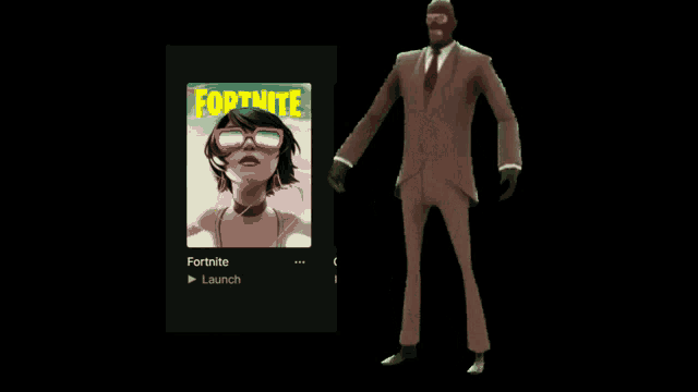 a man in a suit is standing next to a poster for fortnite launch