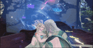 a painting of a woman holding a child with a blue sky in the background