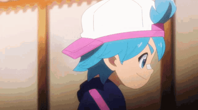 a girl with blue hair and a white hat