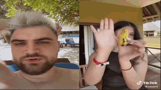 a man with a beard and a woman holding a banana with the word tiktok on the bottom
