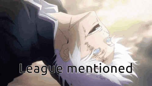 a man in a suit is laying on his back with the words `` league mentioned '' written above him .