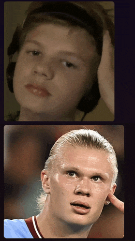 a young boy wearing headphones and a picture of a young man with a ponytail
