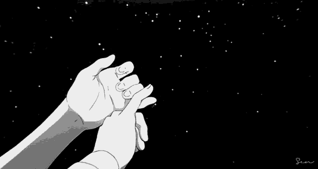a black and white drawing of a person 's hands reaching for the stars .