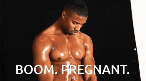 a shirtless man with the words boom pregnant written below him