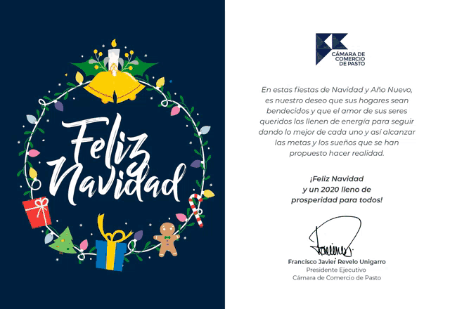 a christmas card from camara de comercio de pasto with a gingerbread man on it