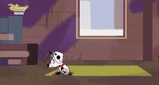 a dalmatian dog is sitting on a rug in front of a window with a disney logo on the bottom