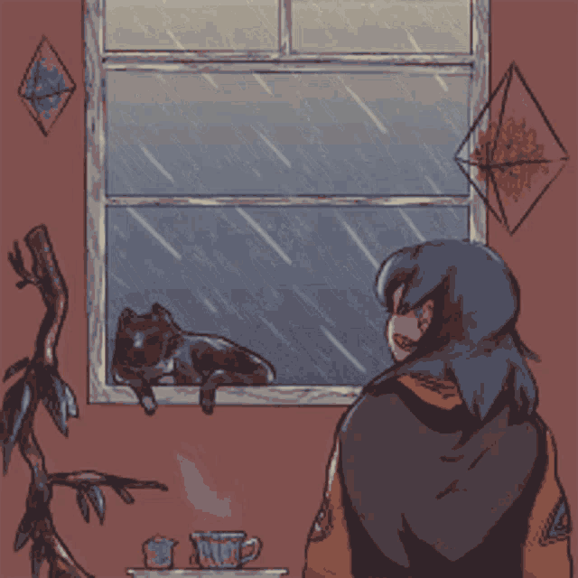 a pixel art drawing of a woman looking out a window at a cat