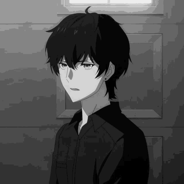 a black and white drawing of a boy with a black shirt