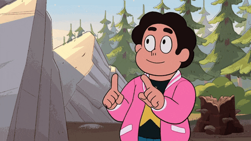 a cartoon character giving a thumbs up in front of trees