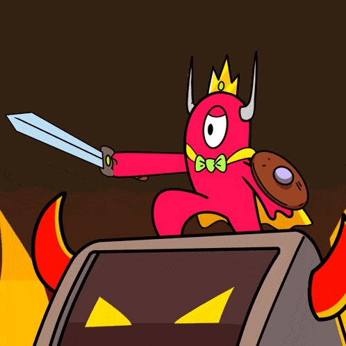 a cartoon of a monster with horns and a bow tie holding a sword