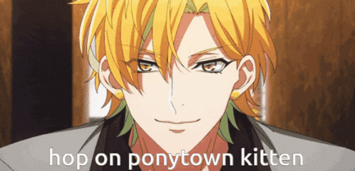 a close up of a anime character with the words hop on ponytown kitten