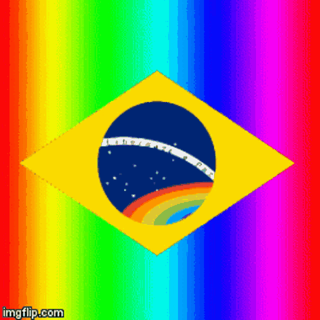 a yellow flag with a blue circle with a rainbow in the middle on a rainbow background