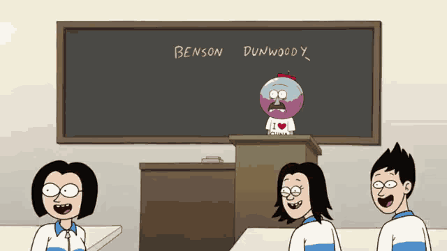 a cartoon of benson and dumwoody sitting in front of a chalkboard