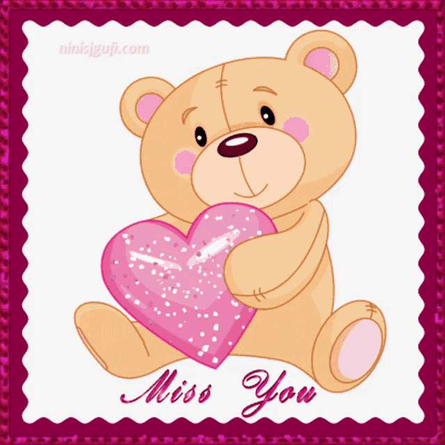 a teddy bear is holding a pink heart with the words miss you written below it