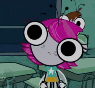 a cartoon character with large eyes and pink hair