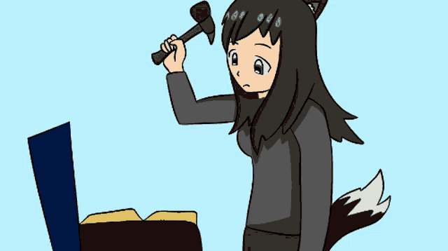 a cartoon of a girl holding a hammer over a treasure chest with the word you on it